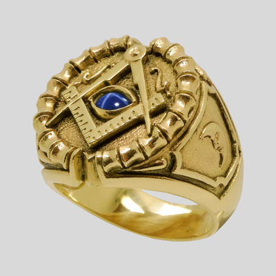 Pre-owned Handmade Masonic 14k Gold Ring Sapphire All Seeing Eye Freemason Memento Mori Size