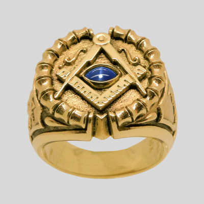 Pre-owned Handmade Masonic 14k Gold Ring Sapphire All Seeing Eye Freemason Memento Mori Size