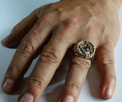 Pre-owned Handmade Masonic 14k Gold Ring Sapphire All Seeing Eye Freemason Memento Mori Size