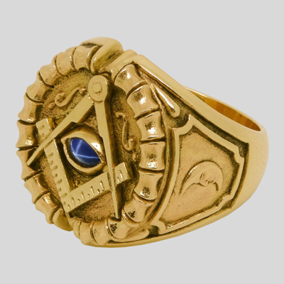 Pre-owned Handmade Masonic 14k Gold Ring Sapphire All Seeing Eye Freemason Memento Mori Size