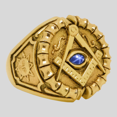 Pre-owned Handmade Masonic 14k Gold Ring Sapphire All Seeing Eye Freemason Memento Mori Size