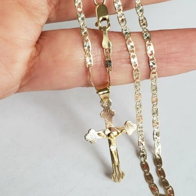 Pre-owned Love Jewels Tri Color 14k Gold Jesus Crucifix Cross Pendant Charm 22" Chain Set Necklace