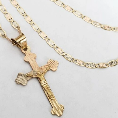 Pre-owned Love Jewels Tri Color 14k Gold Jesus Crucifix Cross Pendant Charm 22" Chain Set Necklace