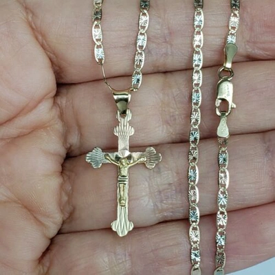 Pre-owned Love Jewels Tri Color 14k Gold Jesus Crucifix Cross Pendant Charm 22" Chain Set Necklace