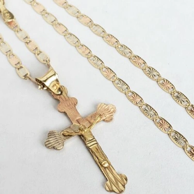 Pre-owned Love Jewels Tri Color 14k Gold Jesus Crucifix Cross Pendant Charm 22" Chain Set Necklace