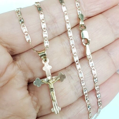 Pre-owned Love Jewels Tri Color 14k Gold Jesus Crucifix Cross Pendant Charm 22" Chain Set Necklace