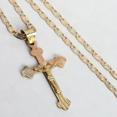 Pre-owned Love Jewels Tri Color 14k Gold Jesus Crucifix Cross Pendant Charm 22" Chain Set Necklace