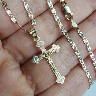 Pre-owned Love Jewels Tri Color 14k Gold Jesus Crucifix Cross Pendant Charm 22" Chain Set Necklace