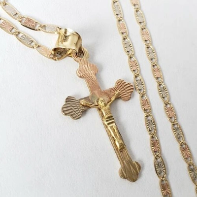Pre-owned Love Jewels Tri Color 14k Gold Jesus Crucifix Cross Pendant Charm 22" Chain Set Necklace
