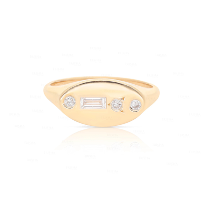 Pre-owned Irisha Designs Round And Baguette Diamond Classic Signet Wedding 14k Gold Ring Fine Jewelry In Yellow