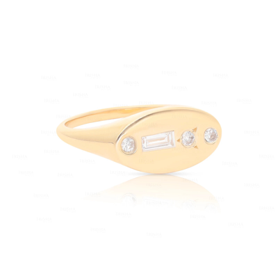 Pre-owned Irisha Designs Round And Baguette Diamond Classic Signet Wedding 14k Gold Ring Fine Jewelry In Yellow