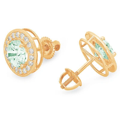 Pre-owned Pucci 1.18 Round Cut Simulated Halo Light Sea Green Stud Earrings 14k Yellow Gold