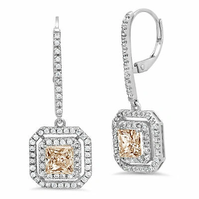 Pre-owned Pucci 3.27 Princess Round Halo Champagne Simulated Drop Earrings 14k White Solid Gold