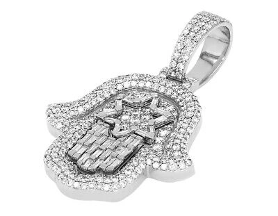 Pre-owned Jewelry Unlimited Men's Real Hamsa Star Baguette Diamond Pendant 3 1/2 Ct 10k White Gold 1.8" In G-h