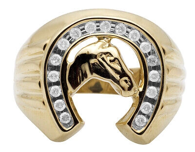 Pre-owned Jewelry Unlimited Men's 10k Yellow Gold Real Diamonds Horseshoe Cocktail Fashion Custom Ring .33ct