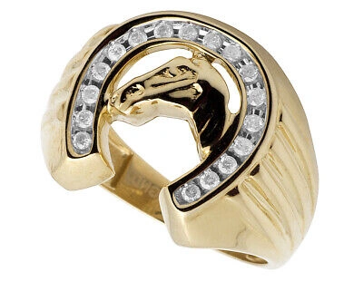 Pre-owned Jewelry Unlimited Men's 10k Yellow Gold Real Diamonds Horseshoe Cocktail Fashion Custom Ring .33ct