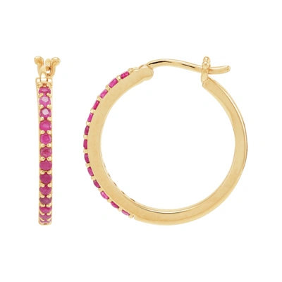 Pre-owned Welry 10k Yellow Gold 16mm Round Hoop Earrings With Ruby In Red