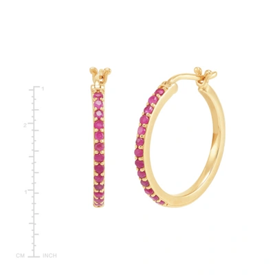 Pre-owned Welry 10k Yellow Gold 16mm Round Hoop Earrings With Ruby In Red