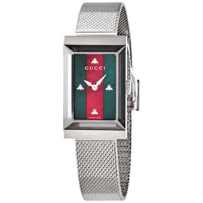 Pre-owned Gucci G-frame Quartz Green And Red Web Mop Dial Ladies Watch Ya147401