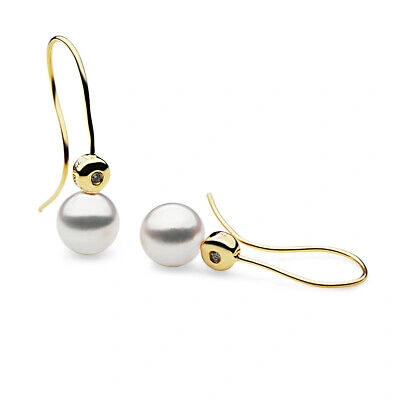 Pre-owned Pacific Pearls® 9mm Akoya Diamonds Pearl Earrings 18k Gold Wedding Gifts For Her In White