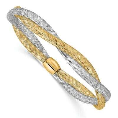 Pre-owned Superdealsforeverything Real 14kt Two-tone Twisted Woven Mesh Stretch Bracelet