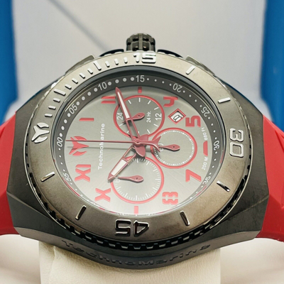 Pre-owned Technomarine Ocean Manta Men 48mm Gunmetal & Red Chronograph Watch Tm-220020