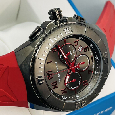 Pre-owned Technomarine Ocean Manta Men 48mm Gunmetal & Red Chronograph Watch Tm-220020