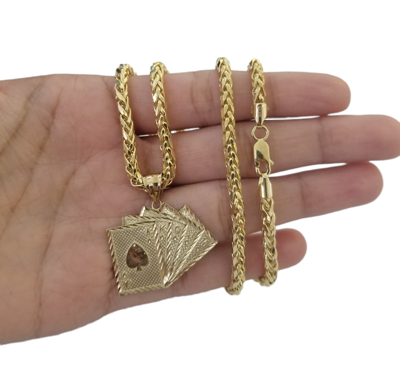 Pre-owned Globalwatches10 10k Yellow Gold Card Game Pendent 4mm Palm Chain 22" Inch Necklace
