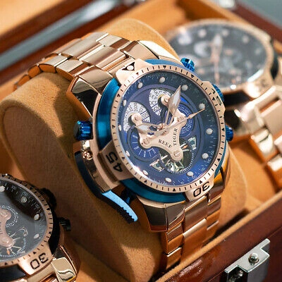 Pre-owned Reef Tiger Men Luxury Automatic Mechanical Wrist Watch With Year Month Date Week