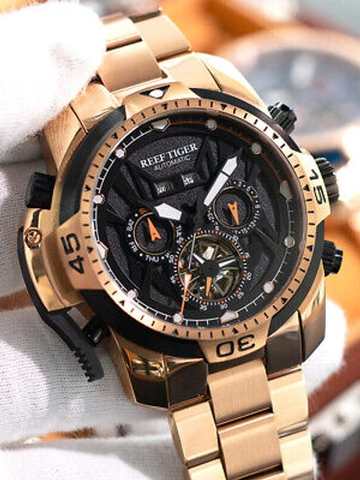 Pre-owned Reef Tiger Men Sport Automatic Mechanical Wrist Watch With Year Month Date Week