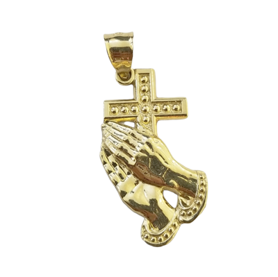 Pre-owned Globalwatches10 Real 10k Gold Praying Hand Jesus Cross Pendent 4mm Franco Chain 22" Inch Charm In Yellow