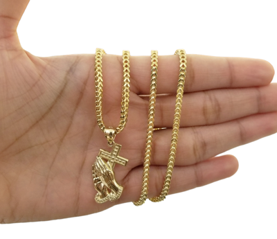 Pre-owned Globalwatches10 Real 10k Gold Praying Hand Jesus Cross Pendent 4mm Franco Chain 22" Inch Charm In Yellow