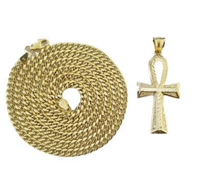 Pre-owned Globalwatches10 10k Gold Ankh Cross Egyptian Symbol Pendant Charm 4mm Cuban Link Chain 26" Inch In Yellow