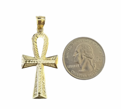 Pre-owned Globalwatches10 10k Gold Ankh Cross Egyptian Symbol Pendant Charm 4mm Cuban Link Chain 26" Inch In Yellow