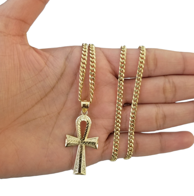 Pre-owned Globalwatches10 10k Gold Ankh Cross Egyptian Symbol Pendant Charm 4mm Cuban Link Chain 26" Inch In Yellow