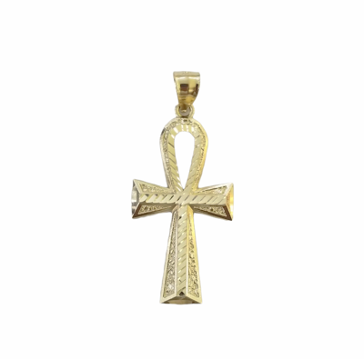 Pre-owned Globalwatches10 10k Gold Ankh Cross Egyptian Symbol Pendant Charm 4mm Cuban Link Chain 26" Inch In Yellow