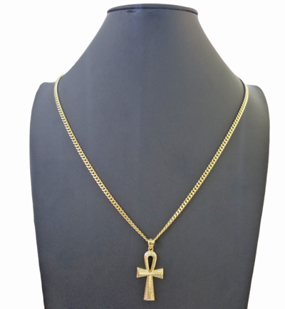 Pre-owned Globalwatches10 10k Gold Ankh Cross Egyptian Symbol Pendant Charm 4mm Cuban Link Chain 26" Inch In Yellow
