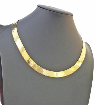 Pre-owned Globalwatches10 Real 10k Yellow Gold Herringbone 11mm Necklace Chain 22" Inch Lobster Lock Solid