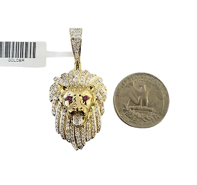 Pre-owned Globalwatches10 Real 10k Yellow Gold Genuine Diamond Lion Head Pendant Pink Eye Lion Charm