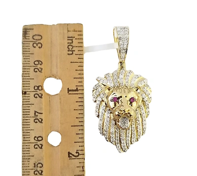 Pre-owned Globalwatches10 Real 10k Yellow Gold Genuine Diamond Lion Head Pendant Pink Eye Lion Charm