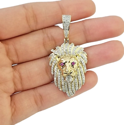 Pre-owned Globalwatches10 Real 10k Yellow Gold Genuine Diamond Lion Head Pendant Pink Eye Lion Charm