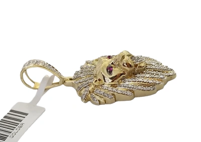 Pre-owned Globalwatches10 Real 10k Yellow Gold Genuine Diamond Lion Head Pendant Pink Eye Lion Charm