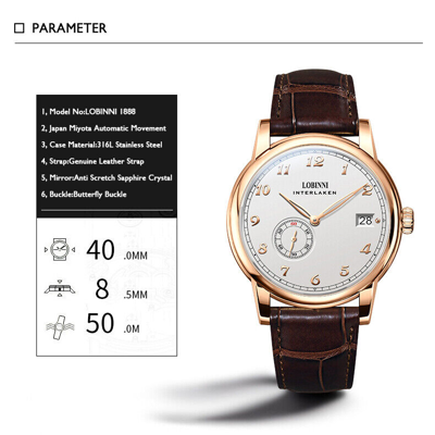 Pre-owned Lobinni Men Luxury Watch Automatic Ulththin Mechanical Wristwatch Small Rotor
