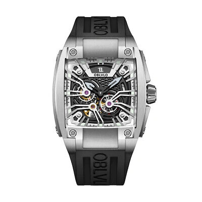 Pre-owned Oblvlo Men Automatic Watch Luxury Watches Mechanical Wristwatch Square Skeleton
