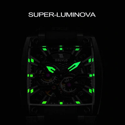 Pre-owned Oblvlo Men Automatic Watch Luxury Watches Mechanical Wristwatch Square Skeleton
