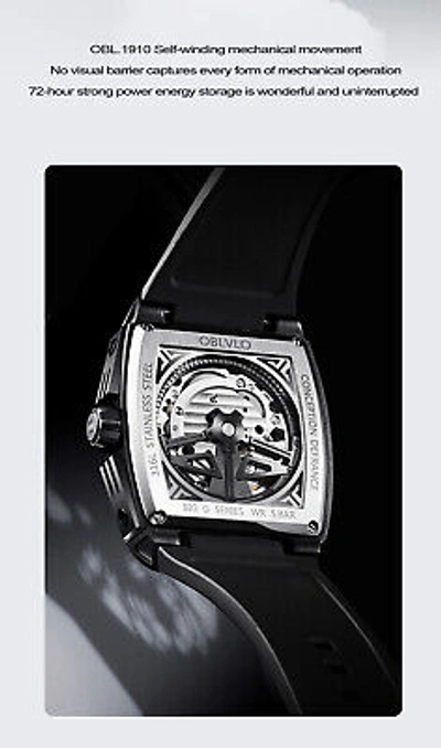 Pre-owned Oblvlo Men Automatic Watch Luxury Watches Mechanical Wristwatch Square Skeleton