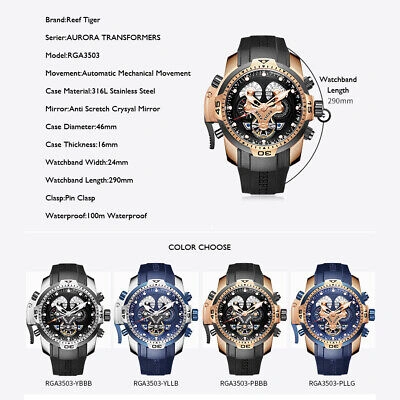 Pre-owned Reef Tiger Men Luxury Automatic Mechanical Wrist Watch With Year Month Date Week