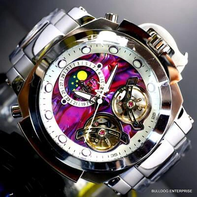 Pre-owned Invicta Man Of War Double Open Heart Automatic Moon Purple Abalone Watch