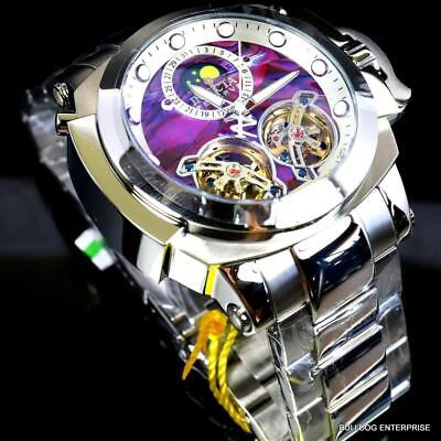 Pre-owned Invicta Man Of War Double Open Heart Automatic Moon Purple Abalone Watch