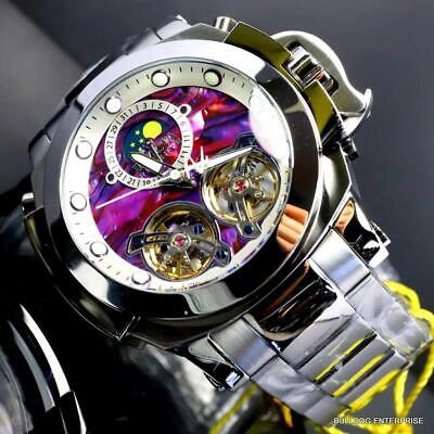 Pre-owned Invicta Man Of War Double Open Heart Automatic Moon Purple Abalone Watch